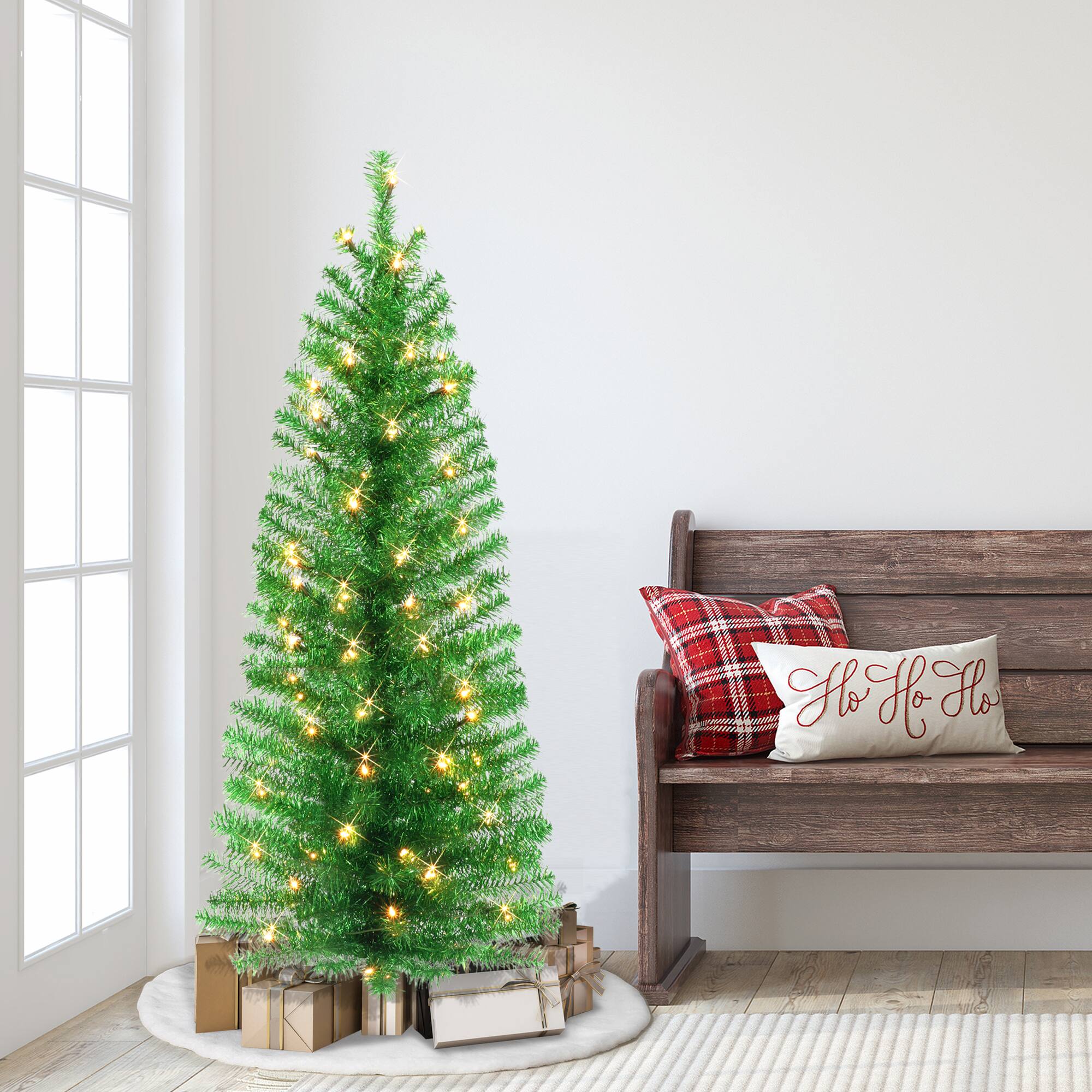 4.5ft. Pre-Lit Green Tinsel Artificial Christmas Tree, Clear Lights